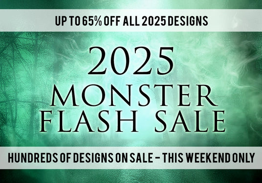 foggy forest with a green tint and text "Up to 65% off All 2025 Designs, 2025 Monster Flash Sale Hundreds of Designs on sale - this weekend only"
