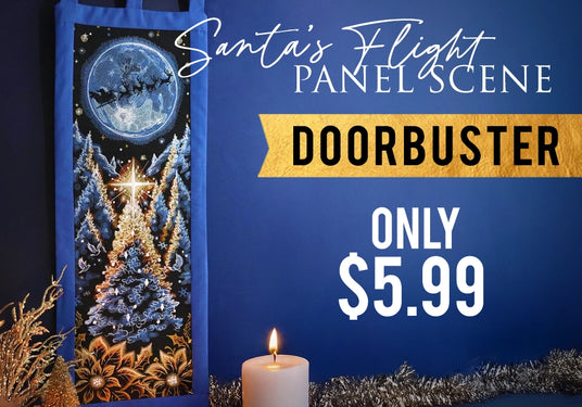 Promotional image of a Christmas panel scene with text 'Santa's Flight Panel Scene Doorbuster Only $5.99'