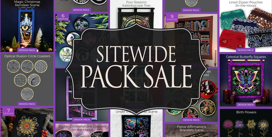 A promotional graphic with a collage of different machine embroidery design packs with text 'sitewide pack sale'