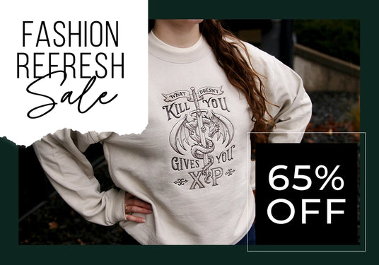 Person wearing a white sweatshirt with machine embroidery dragon design and text, promotional text for 'Fashion Refresh Sale' and '65% OFF'.