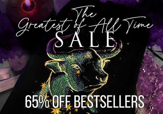 Promotional graphic with a machine embroidery celestial design and text 'The greatest of all time sale 65%off bestsellers'