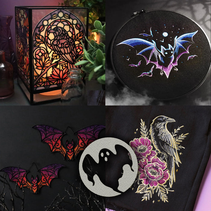 A collage showing embroidered bat and raven designs on black fabric, alongside a decorative black lantern with warm orange and red floral cutout patterns. The embroidery includes purple, pink, blue, gold, and black tones on dark backgrounds.