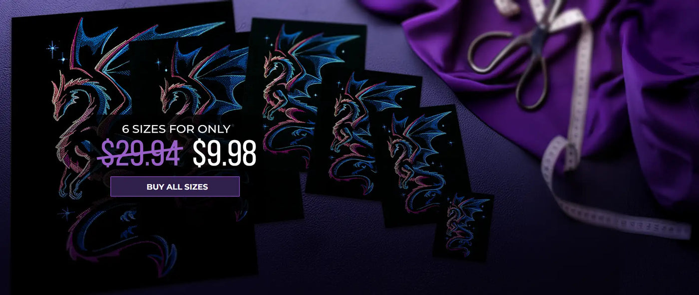 Dragon-themed  machine embroidery stitch outs of varying sizes with promotional text on a dark background
