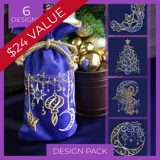 Purple drawstring bag with gold machine embroidery design of celestial elements on a purple background, surrounded by Christmas decorations.
