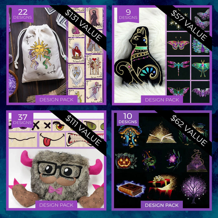 A 2x2 promotional collage showing four different glow-in-the-dark design packs: a white drawstring bag with a sun and fairy design, a black cat patch with colorful accents, a fuzzy gray monster plush with pink horns, and a black background with glowing fantasy illustrations including a pumpkin, book, and potion bottle. Each panel includes text overlays indicating the number of designs and the value per pack.