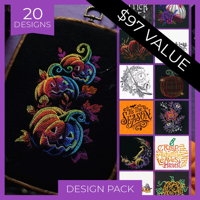 Promotional graphic for a digital embroidery design pack, featuring a large preview of a colorful embroidered jack-o'-lantern on black fabric, a sidebar showing 20 additional designs, and a diagonal black banner reading '$97 VALUE'.