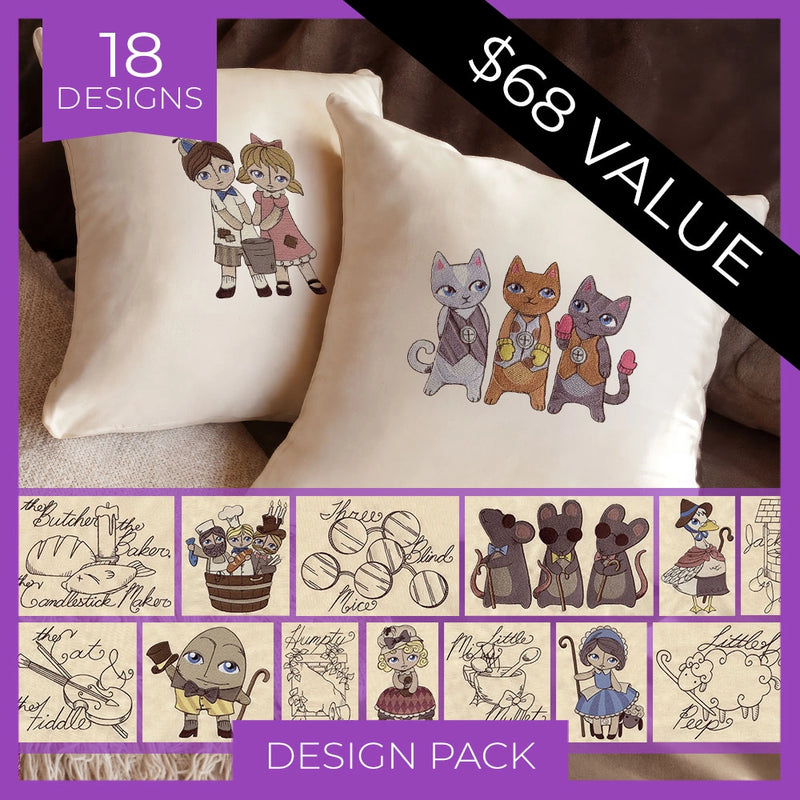 Promotional graphic for machine embroidery design pack, showing two cream pillows with embroidered cartoon cat and couple designs, a black diagonal '$68 VALUE' banner, a purple '18 DESIGNS' label, and a row of small preview embroidery designs along the bottom.