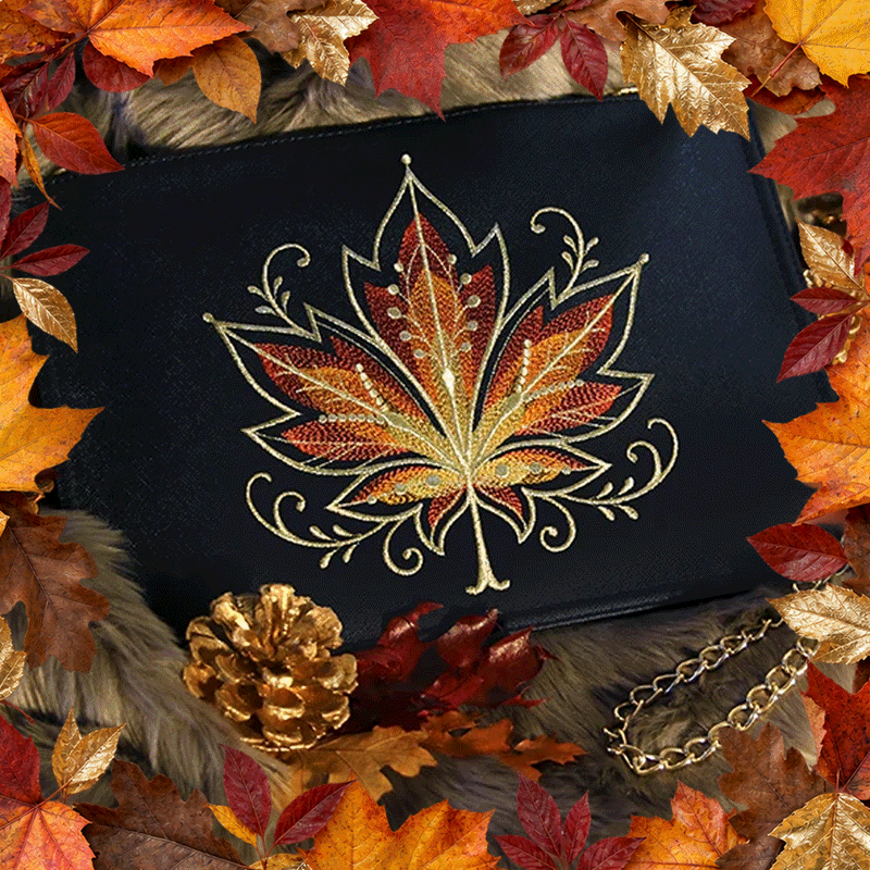 Slideshow of various machine embroidery projects with a fall theme, including napkins, drawstring bags, purses and stuffed jack o lanterns.