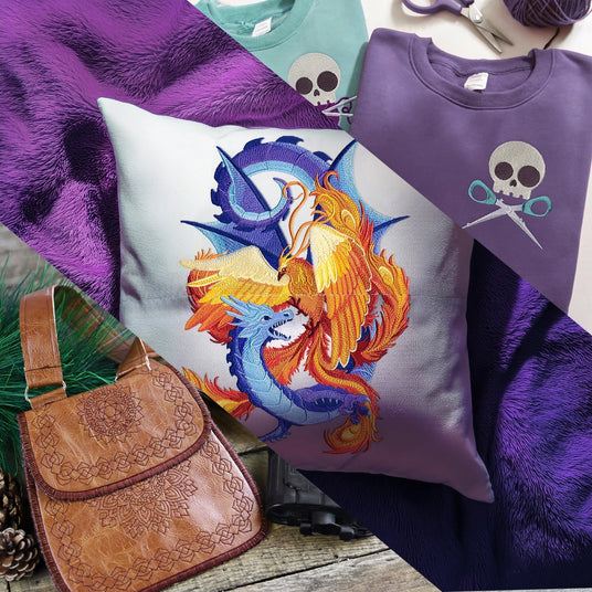 Colorful pillow with dragon design, purple sweatshirt with skull design, and brown leather bag on a wooden surface.