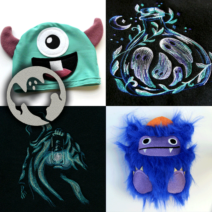 Gif of various machine embroidery projects with a halloween theme.