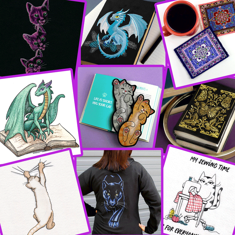 Gif of a variety of machine embroidery designs for the buy one get one for 25 cents promotion