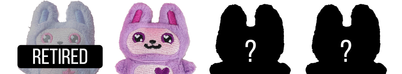 Machine embroidery bunny plushies with question marks and one with retired.