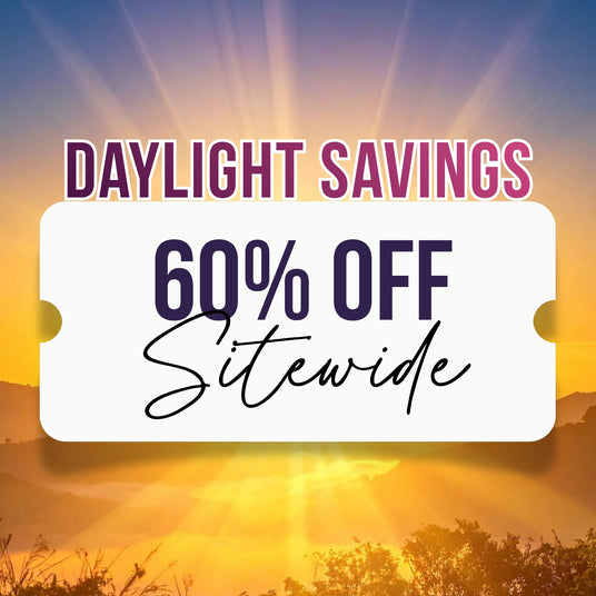 Promotional graphic with 'Daylight Savings 60% Off Sitewide' text over a sunset background.
