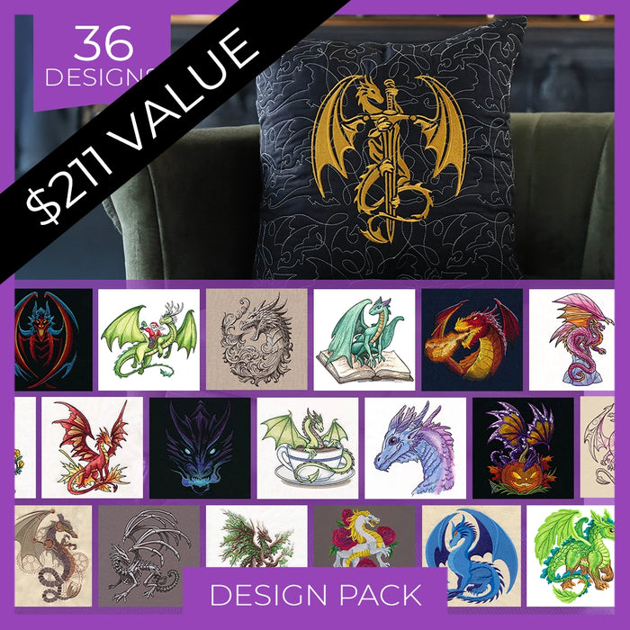 Dragon design pack with various dragon illustrations on a purple background