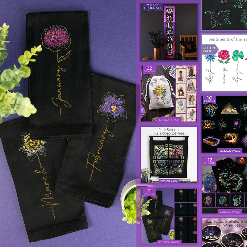 Black towels with floral machine embroidery months' names on a purple background, surrounded by design packs and products.