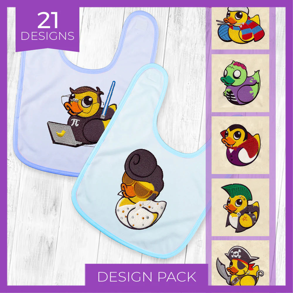 Embroidered duckling designs in costumes on two bibs, with additional embroidery design previews visible on the right.