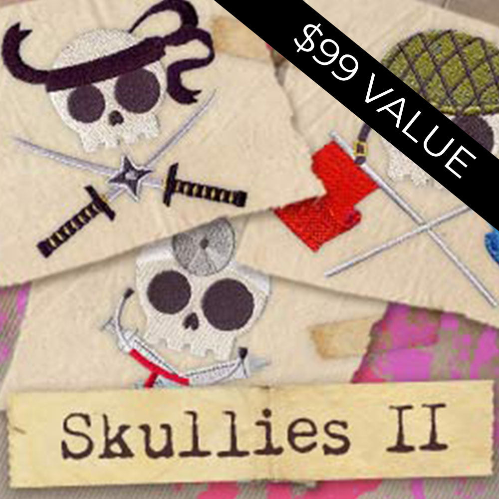 Three cartoon skulls in beanies/hats with crossed weapons, text: Skullies II digital embroidery design pack.