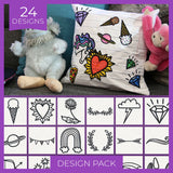 Daydream Doodles digitally downloadable machine embroidery Design Pack with playful doodles and 24 design icons in a grid.