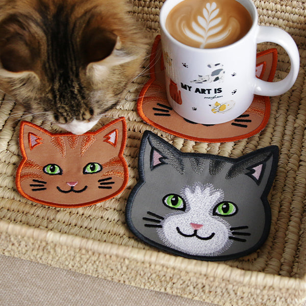 A Cat Face Coasters (In-the-Hoop) Design Pack