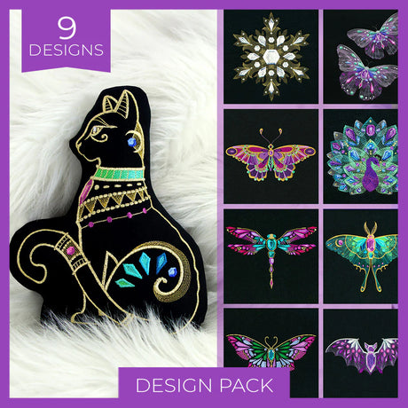 Nine jeweled embroidery designs featuring cats, butterflies, and a peacock displayed on a black background.