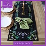 The digitally downloadable machine embroidery Design Pack shows swirling celestial motifs stitched in metallic thread.