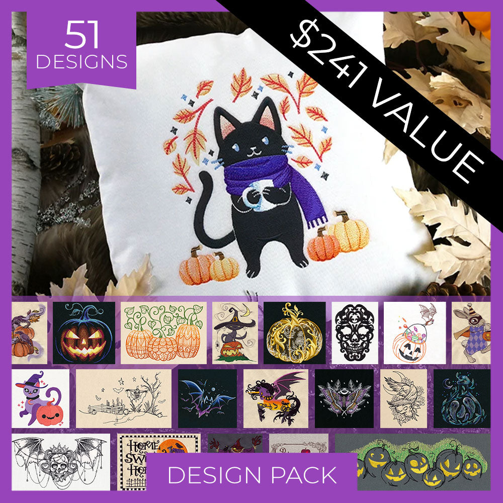 Promotional graphic for a Halloween-themed design pack, featuring a large embroidered pillow example with a black cat wearing a purple scarf and surrounded by pumpkins and autumn leaves. The image includes text overlays reading '51 DESIGNS', '$241 VALUE', and 'DESIGN PACK', plus a grid of smaller design previews at the bottom.