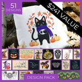 Promotional graphic for a Halloween-themed design pack, featuring a large embroidered pillow example with a black cat wearing a purple scarf and surrounded by pumpkins and autumn leaves. The image includes text overlays reading '51 DESIGNS', '$241 VALUE', and 'DESIGN PACK', plus a grid of smaller design previews at the bottom.