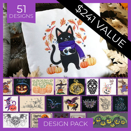Promotional graphic for a Halloween-themed design pack, featuring a large embroidered pillow example with a black cat wearing a purple scarf and surrounded by pumpkins and autumn leaves. The image includes text overlays reading '51 DESIGNS', '$241 VALUE', and 'DESIGN PACK', plus a grid of smaller design previews at the bottom.