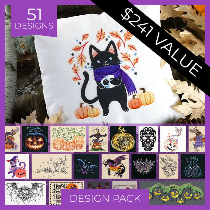 Promotional graphic for a Halloween-themed design pack, featuring a large embroidered pillow example with a black cat wearing a purple scarf and surrounded by pumpkins and autumn leaves. The image includes text overlays reading '51 DESIGNS', '$241 VALUE', and 'DESIGN PACK', plus a grid of smaller design previews at the bottom.