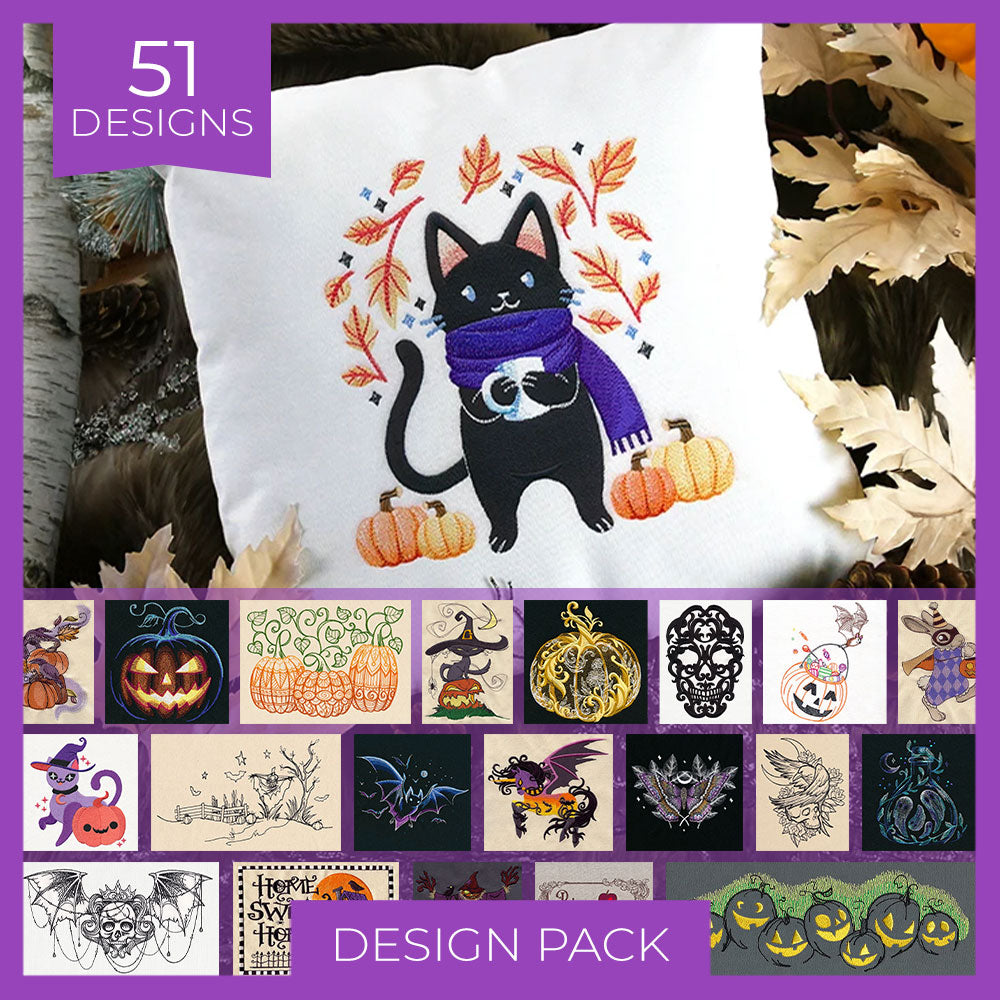 Digitally downloadable machine embroidery Design Pack featuring a black cat with a purple scarf, pumpkins, autumn leaves, and various Halloween-themed designs.