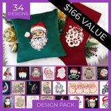 Embroidered Santa face on green pillow and stylized Santa beard on red stocking, surrounded by gold and green Christmas decorations with 34 design previews below.