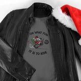 A gray shirt with black embroidery of a mouse in a red scarf riding a motorcycle with a Christmas tree, text says "OH WHAT FUN IT IS TO RIDE.