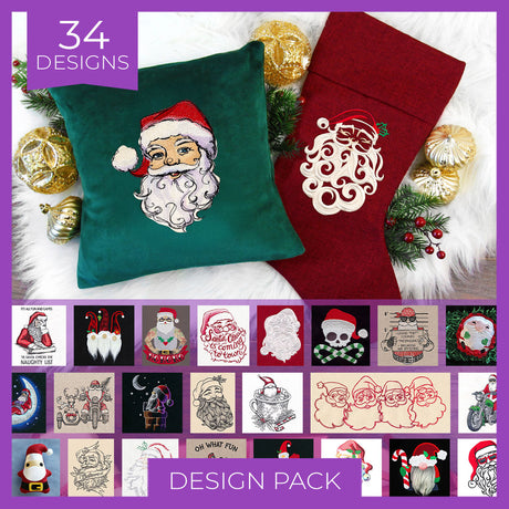 A green pillow with a detailed embroidered Santa face next to a red stocking with a stylized Santa beard embroidery, surrounded by gold ornaments and pine sprigs.
