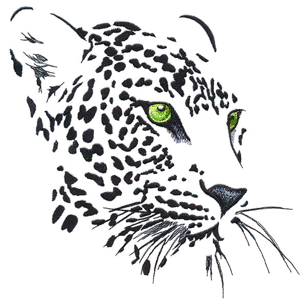 Digitally downloadable machine embroidery design featuring a leopard’s face with bold black spots and vivid green eyes.