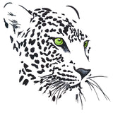 Digitally downloadable machine embroidery design featuring a leopard’s face with bold black spots and vivid green eyes.
