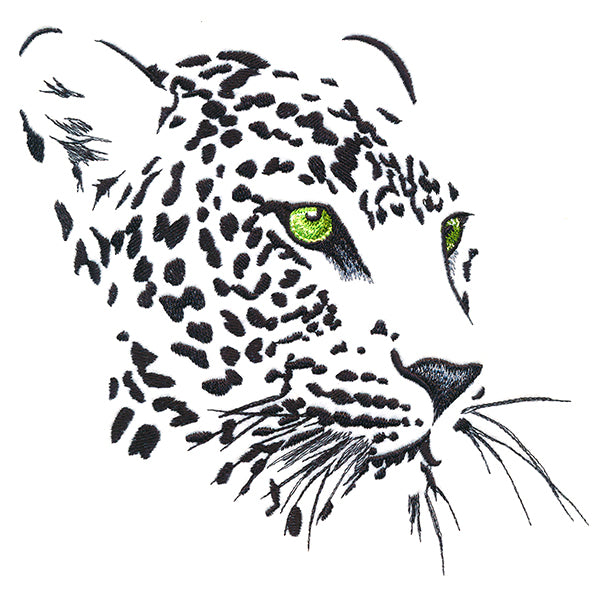 Digitally downloadable machine embroidery design of a leopard face in negative space, with green eyes and detailed whiskers.