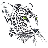 Digitally downloadable machine embroidery design of a leopard face in negative space, with green eyes and detailed whiskers.