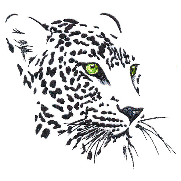 Black and white leopard face embroidery design with green eyes and detailed spots, available as a digital download.