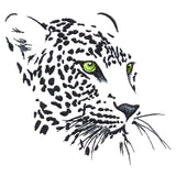 Black and white leopard face embroidery design with green eyes and detailed spots, available as a digital download.