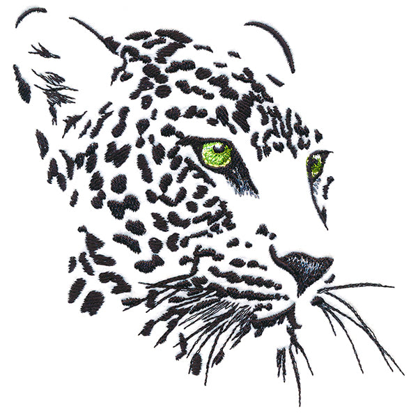 Digital download: machine embroidery design of a leopard face with green eyes, black spots, and negative space on white.