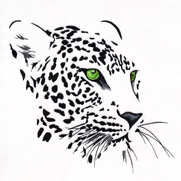 Minimalist leopard face in negative space with striking green eyes, presented as a digitally downloadable embroidery design.