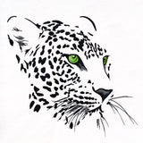 Black and white leopard embroidery design with vivid green eyes, shown on a white background with negative space details.