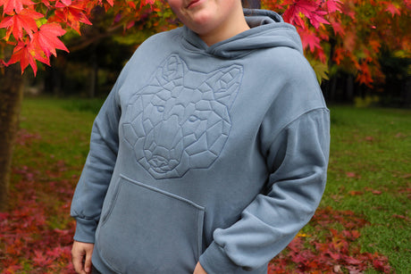 Person wearing a blue hoodie with a geometric wolf design, standing outdoors with autumn leaves in the background.