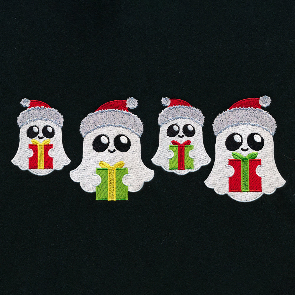 Four white embroidered ghosts with large black eyes wearing red and gray Santa hats, each holding a red or green gift with yellow or green ribbons on black fabric.