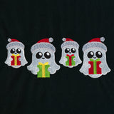 Four embroidered white cartoon ghosts wearing red and white Santa hats and holding differently wrapped Christmas presents on a black fabric background.