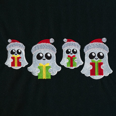 Four embroidered white cartoon ghosts wearing red and white Santa hats and holding differently wrapped Christmas presents on a black fabric background.