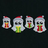 Four embroidered white ghosts wearing red Santa hats hold red and green Christmas presents on a black fabric background.