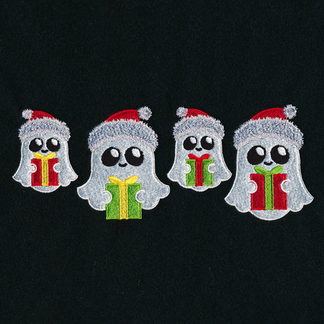 Four embroidered white ghosts wearing red Santa hats hold red and green Christmas presents on a black fabric background.