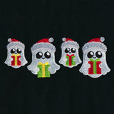Four embroidered white ghosts wearing red Santa hats, each holding a colorful gift box, are lined up on a black fabric background.