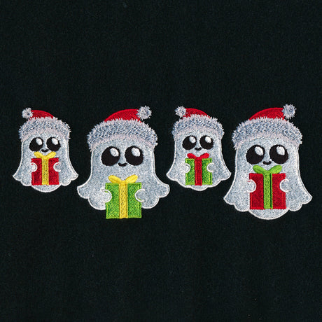 Four embroidered white ghosts wearing red Santa hats, each holding a colorful gift box, are lined up on a black fabric background.